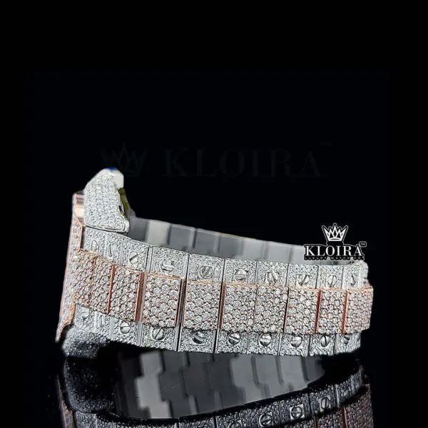 Rose Gold Roman Dial Two Tone Block Link Strap Moissanite Watch Left Side Bracelet View