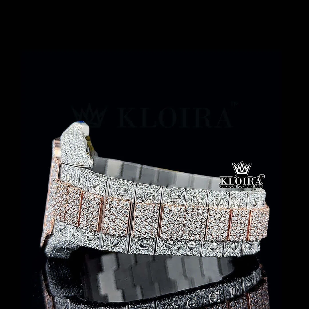 Rose Gold Roman Dial Two Tone Block Link Strap Moissanite Watch Left Side Bracelet View