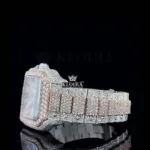 Rose Gold Roman Dial Two Tone Block Link Strap Moissanite Watch Left Side View