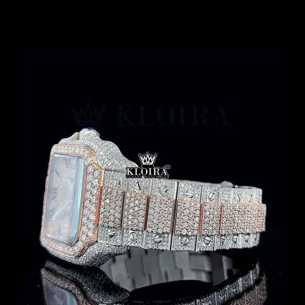 Rose Gold Roman Dial Two Tone Block Link Strap Moissanite Watch Left Side View