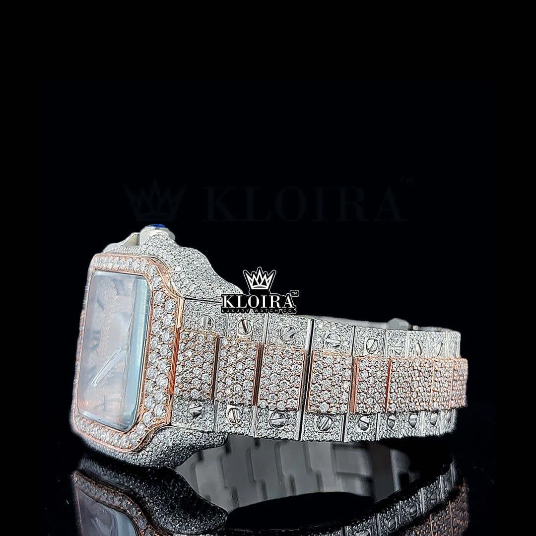 Rose Gold Roman Dial Two Tone Block Link Strap Moissanite Watch Left Side View