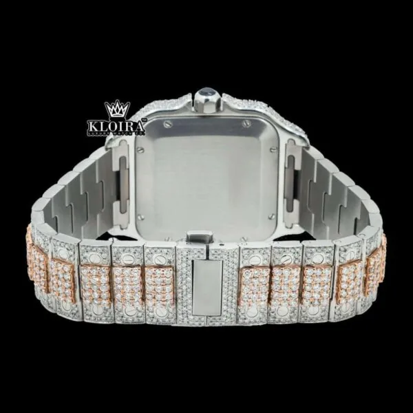 Rose Gold Roman Dial Two Tone Diamond Block Link Strap Moissanite Watch Caseback View