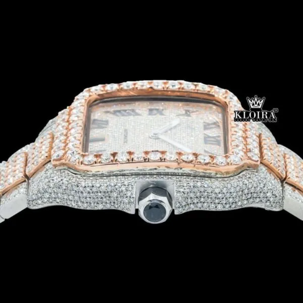Rose Gold Roman Dial Two Tone Diamond Block Link Strap Moissanite Watch Crown View