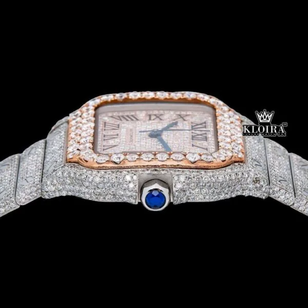 Rose Gold Roman Dial Two Tone Iced Out Lab grown Diamond Watch Crown View