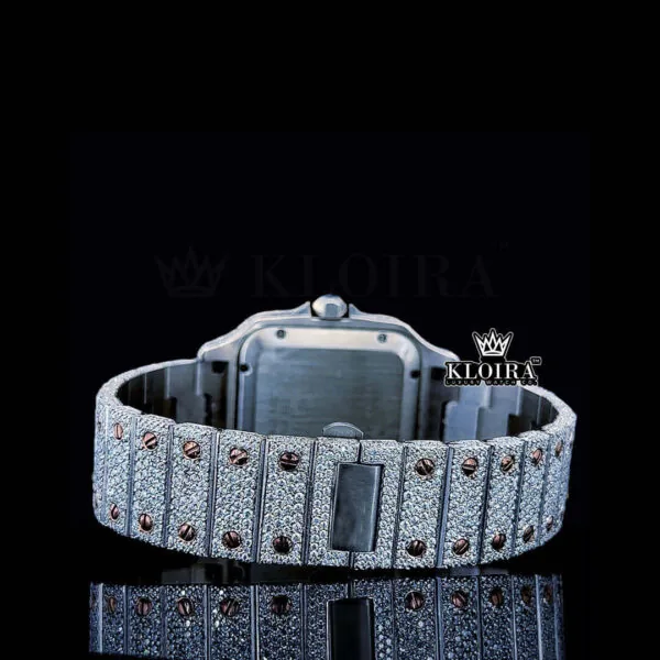 Rose Gold Roman Dial Two Tone Iced Out Moissanite Diamond Watch Caseback View