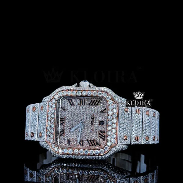 Rose Gold Roman Dial Two Tone Iced Out Moissanite Diamond Watch Close Up Dial View