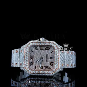 Rose Gold Roman Dial Two Tone Iced Out Moissanite Diamond Watch