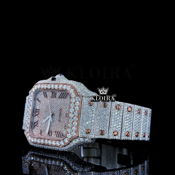 Rose Gold Roman Dial Two Tone Iced Out Moissanite Diamond Watch Left Profile View