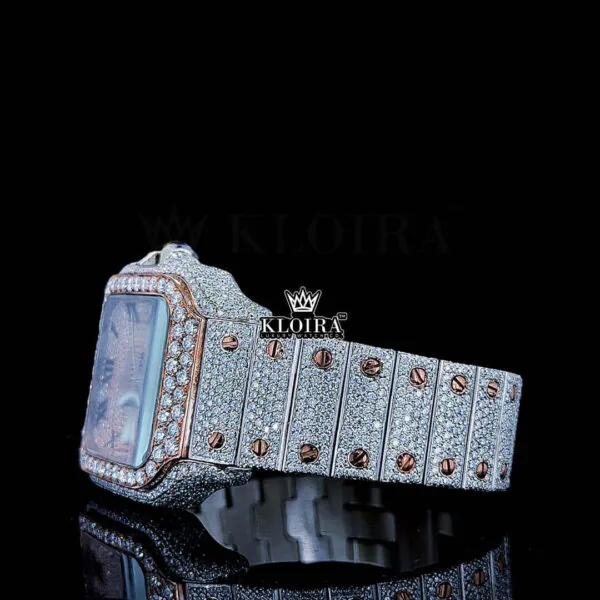 Rose Gold Roman Dial Two Tone Iced Out Moissanite Diamond Watch Left Side View