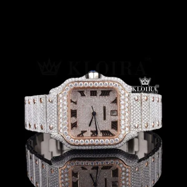 Rose Gold Roman Numerals Fully Iced Out Moissanite Diamond Watch Close Up Front View
