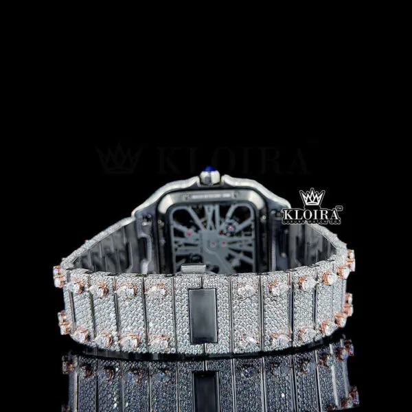 Rose Gold Skeleton Dial Two Tone Diamond Bar Strap Moissanite Watch Caseback View
