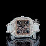 Rose Gold Skeleton Dial Two Tone Diamond Bar Strap Moissanite Watch