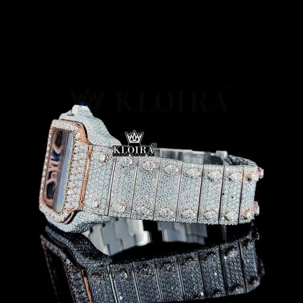 Rose Gold Skeleton Dial Two Tone Diamond Bar Strap Moissanite Watch Left Profile View