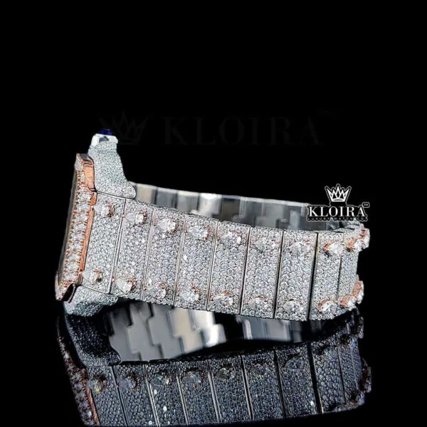 Rose Gold Skeleton Dial Two Tone Diamond Bar Strap Moissanite Watch Left Side View