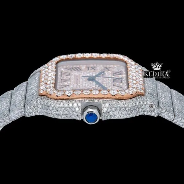 Rose Gold Square Roman Dial Two Tone Moissanite Watch Crown View
