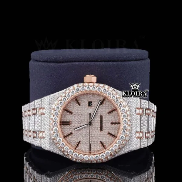 Rose Gold Stick Markers Iced Out AP Moissanite Diamond Watch Close Up Front View