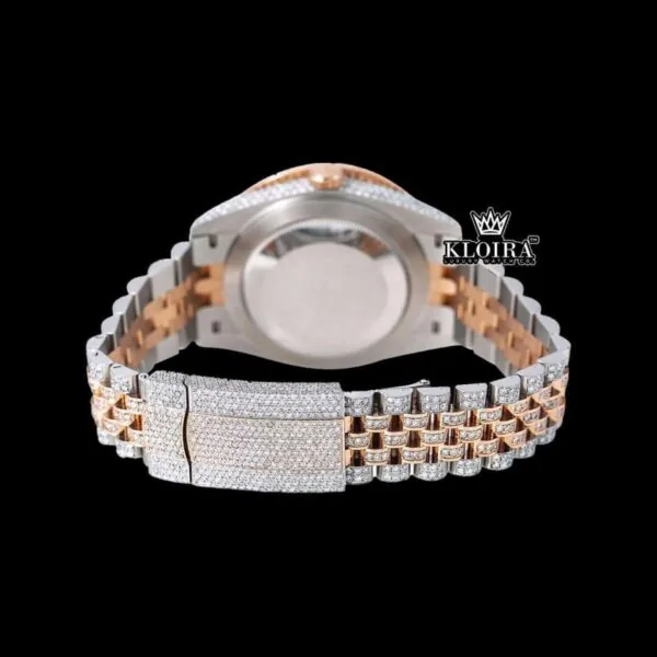 Rose Gold Two Tone Dial Black Roman Numerals Moissanite Diamond Watch Caseback View