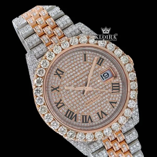 Rose Gold Two Tone Dial Black Roman Numerals Moissanite Diamond Watch Close Up Dial View
