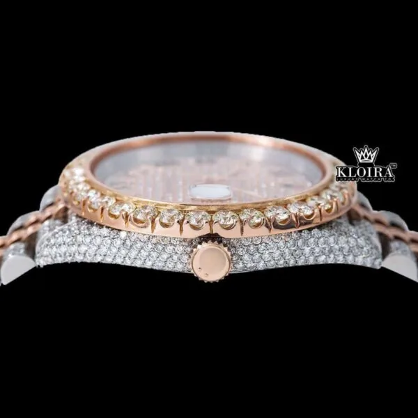 Rose Gold Two Tone Dial Black Roman Numerals Moissanite Diamond Watch Crown View