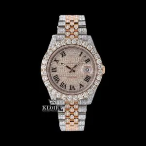 Rose Gold Two Tone Dial Black Roman Numerals Moissanite Diamond Watch