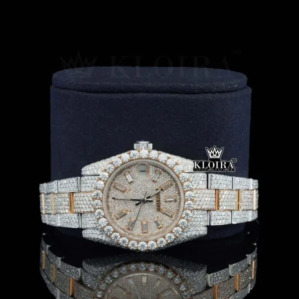 Rose Gold Two Tone Dial Diamond Markers Moissanite Diamond Watch Close Up Front View