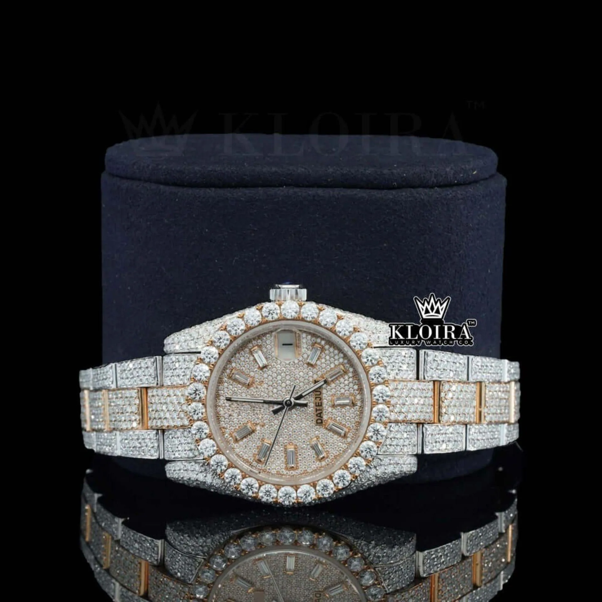Rose Gold Two Tone Dial Diamond Markers Moissanite Diamond Watch Close Up Front View