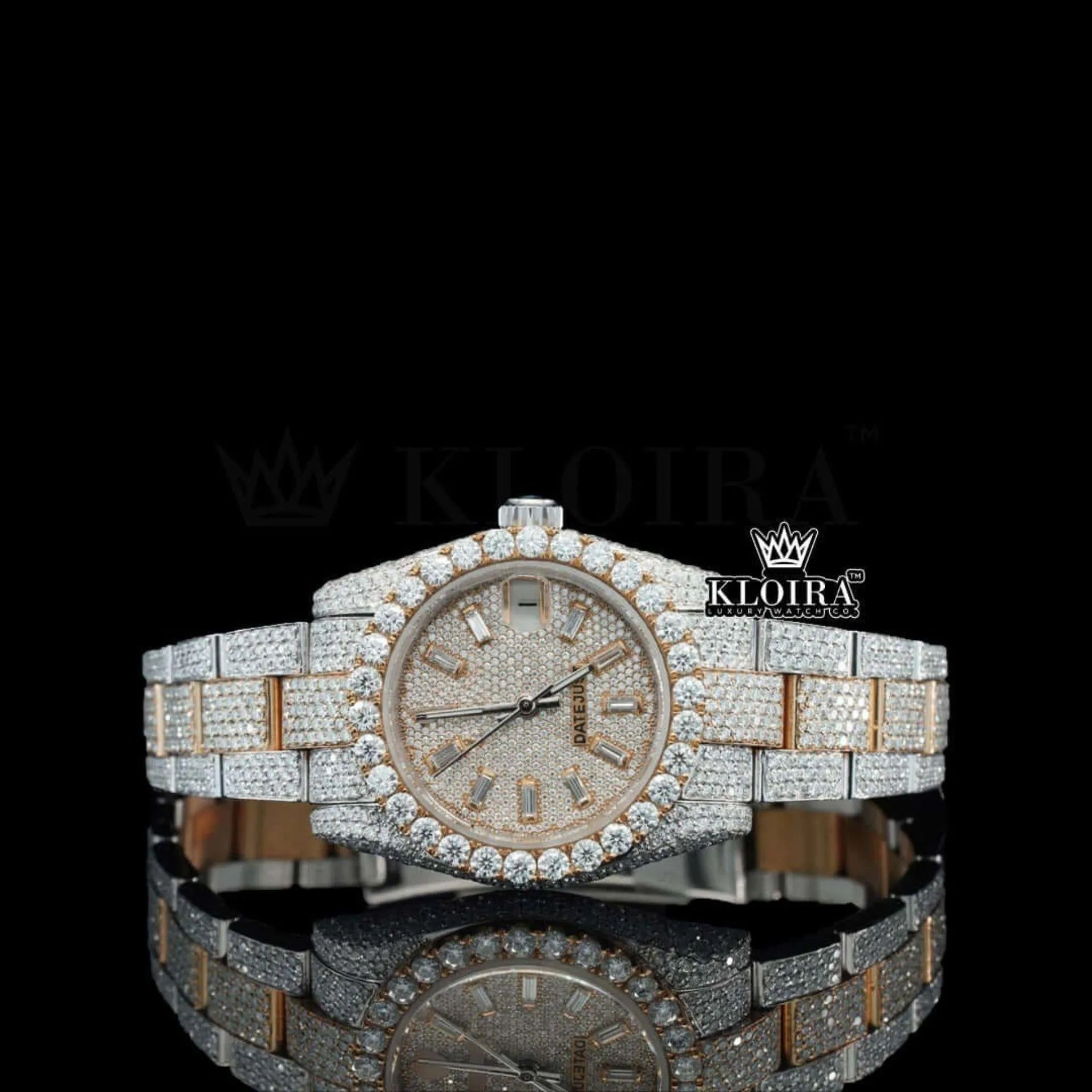 Rose Gold Two Tone Dial Diamond Markers Moissanite Diamond Watch Front View