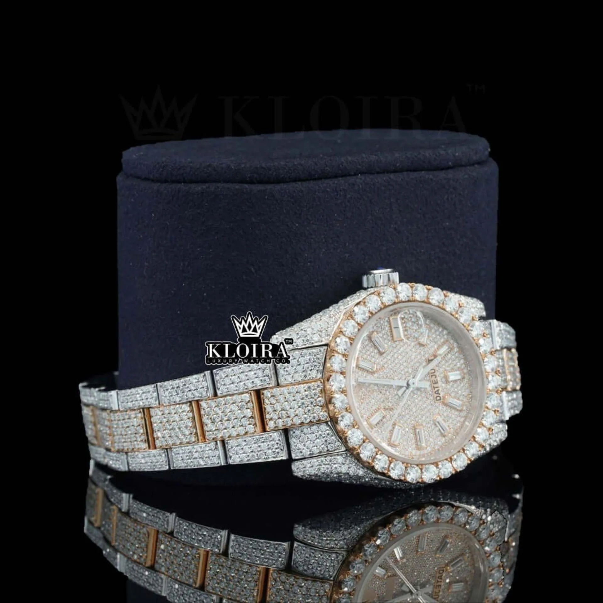 Rose Gold Two Tone Dial Diamond Markers Moissanite Diamond Watch Right Profile View
