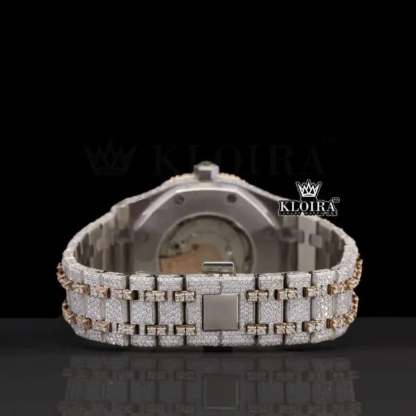 Rose Gold Two Tone Fully Iced Out Moissanite Diamond Watch Caseback View