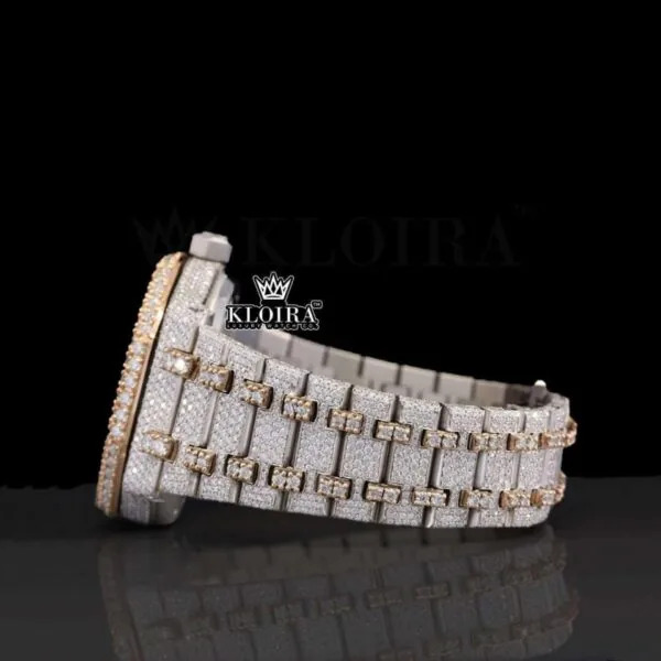 Rose Gold Two Tone Fully Iced Out Moissanite Diamond Watch Left Side View