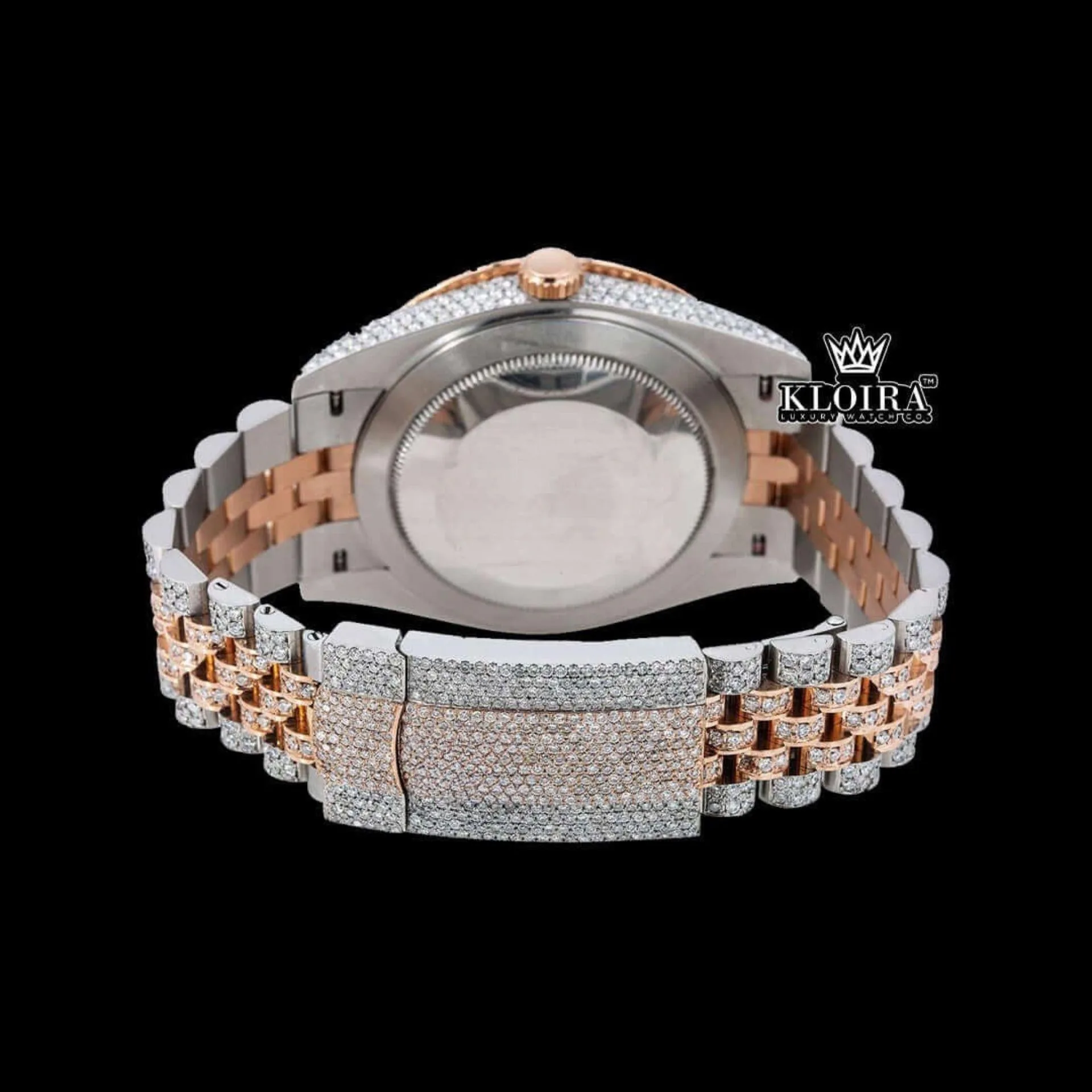 Rose Gold Two Tone Iced Out Brown Dial Moissanite Diamond Watch Caseback View