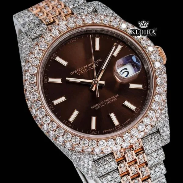 Rose Gold Two Tone Iced Out Brown Dial Moissanite Diamond Watch Close Up Dial View
