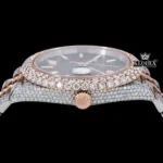 Rose Gold Two Tone Iced Out Brown Dial Moissanite Diamond Watch Crown View