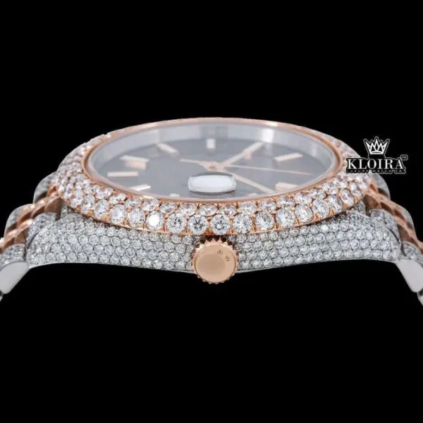 Rose Gold Two Tone Iced Out Brown Dial Moissanite Diamond Watch Crown View