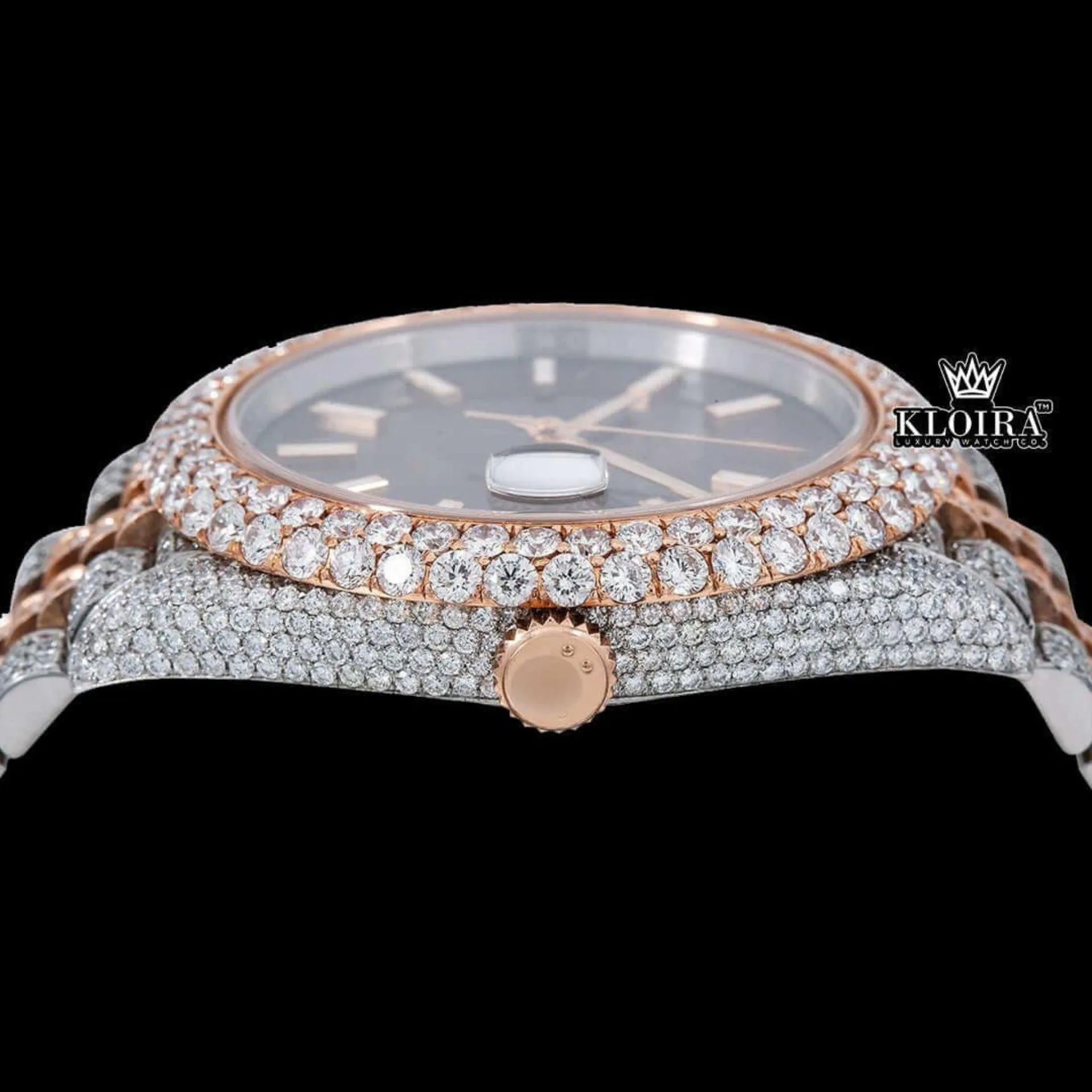 Rose Gold Two Tone Iced Out Brown Dial Moissanite Diamond Watch Crown View