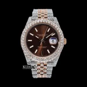Rose Gold Two Tone Iced Out Brown Dial Moissanite Diamond Watch