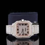 Rose Gold Two Tone Roman Numerals Moissanite Diamond Watch Close Up Front View