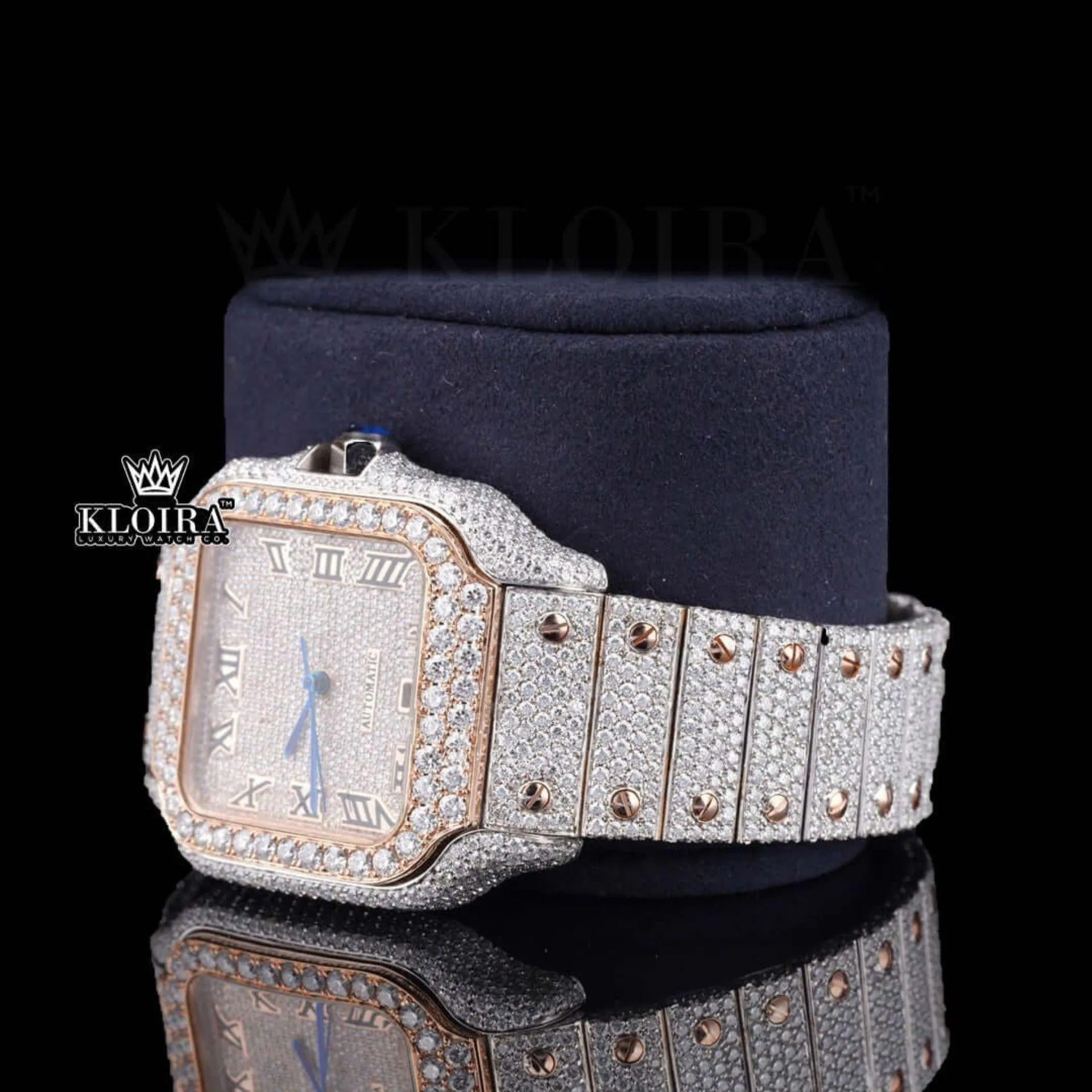 Rose Gold Two Tone Roman Numerals Moissanite Diamond Watch Left Profile View