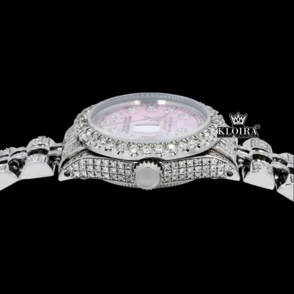 Rose Pink Dial Diamond Markers Moissanite Diamond Watch Crown View
