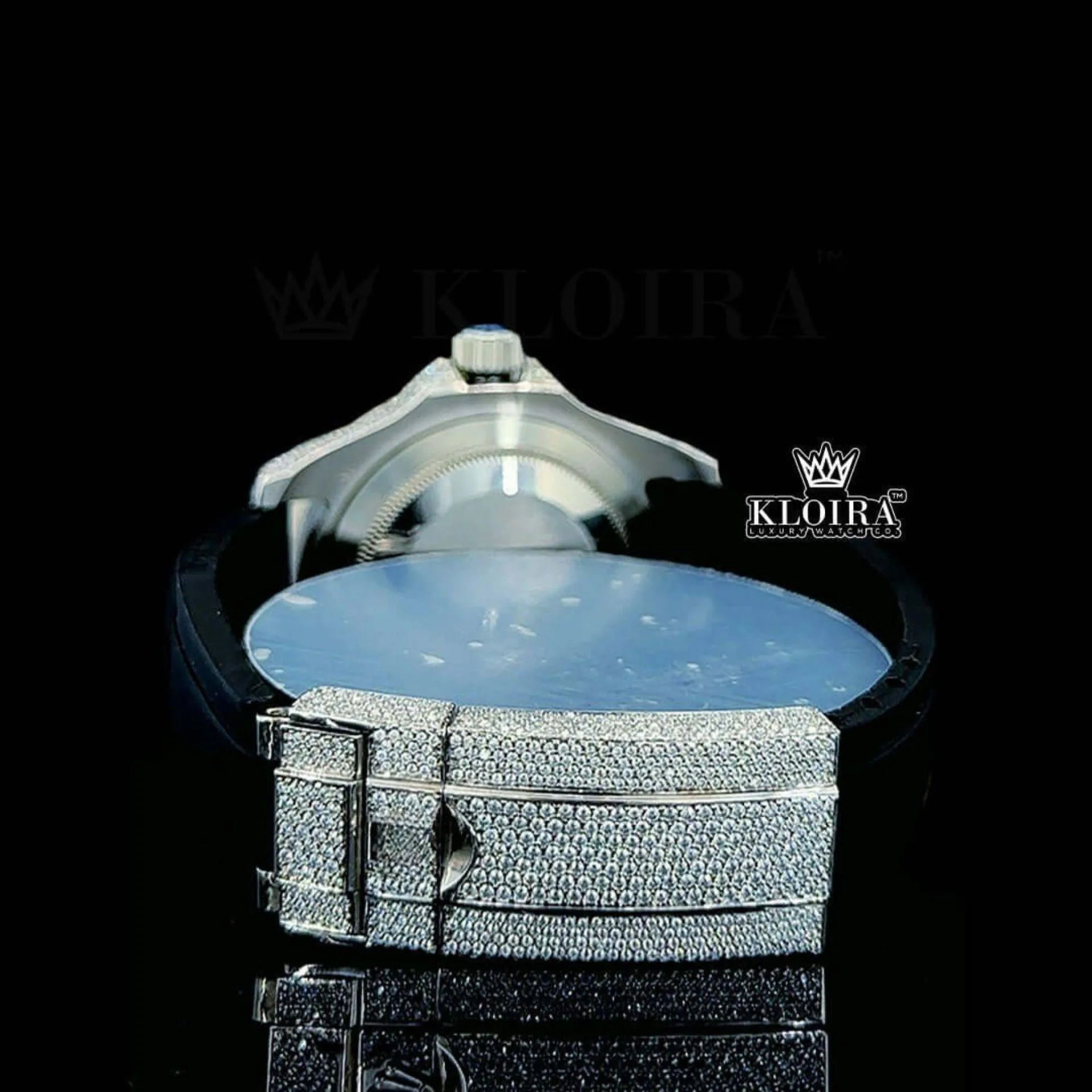 Round Markers Black Dial Black Rubber Strap Semi Iced Out Moissanite Watch Caseback View