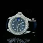 Round Markers Black Dial Black Rubber Strap Semi Iced Out Moissanite Watch Close Up Dial View