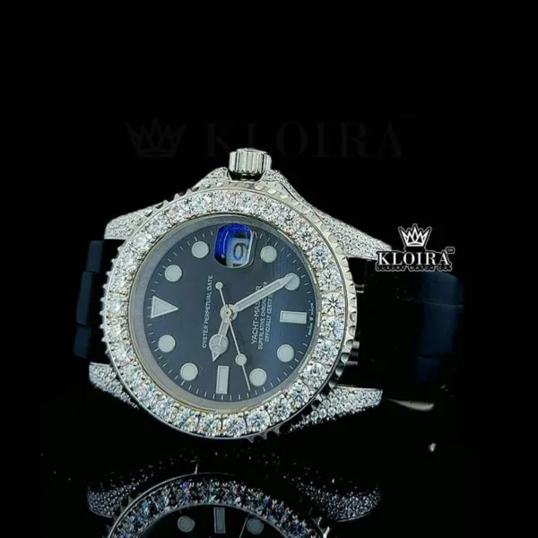 Round Markers Black Dial Black Rubber Strap Semi Iced Out Moissanite Watch Close Up Dial View