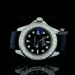 Round Markers Black Dial Black Rubber Strap Semi Iced Out Moissanite Watch Front View