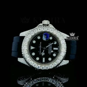 Round Markers Black Dial Black Rubber Strap Semi Iced Out Moissanite Watch