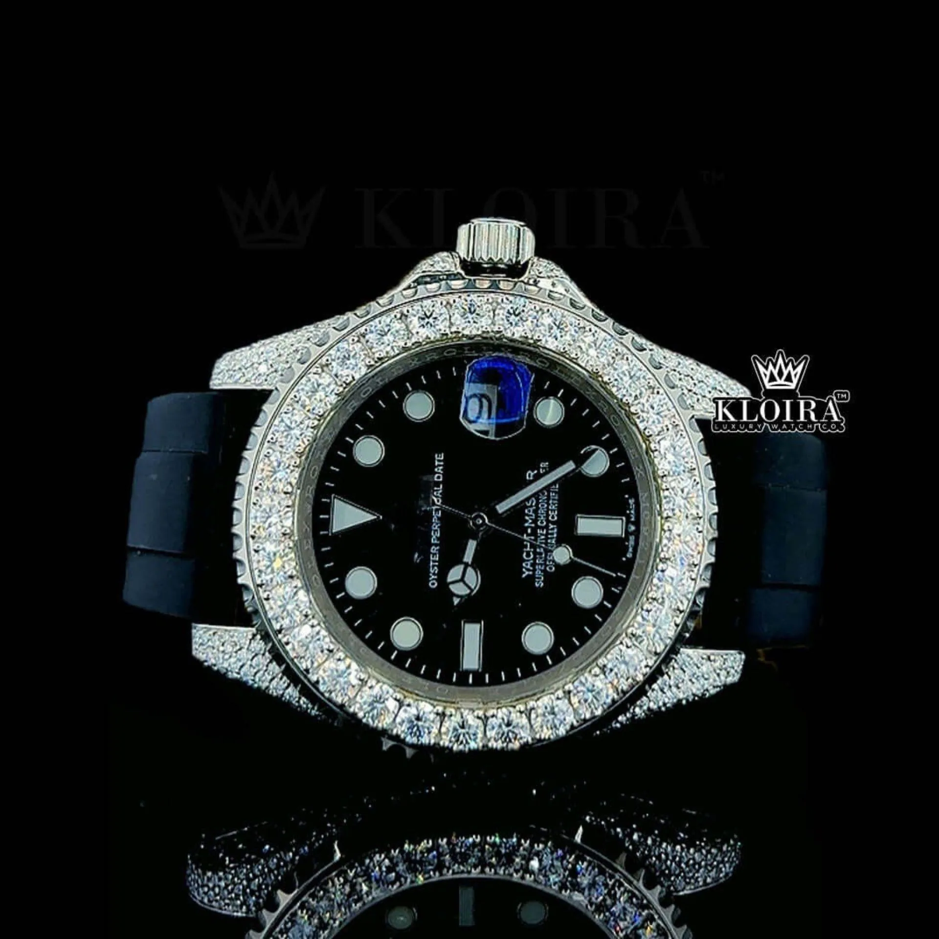 Round Markers Black Dial Black Rubber Strap Semi Iced Out Moissanite Watch Front View