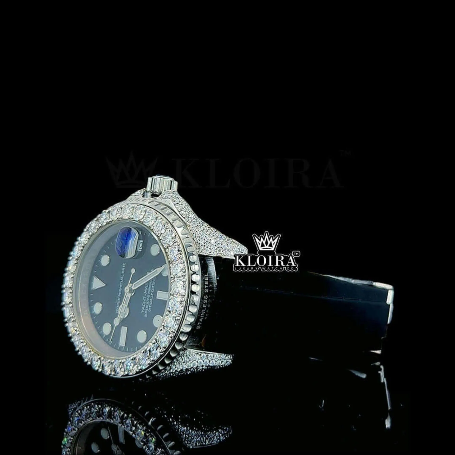 Round Markers Black Dial Black Rubber Strap Semi Iced Out Moissanite Watch Left Profile View