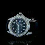 Round Markers Black Dial Rubber Strap Semi Iced Out Moissanite Watch Close Up Dial View