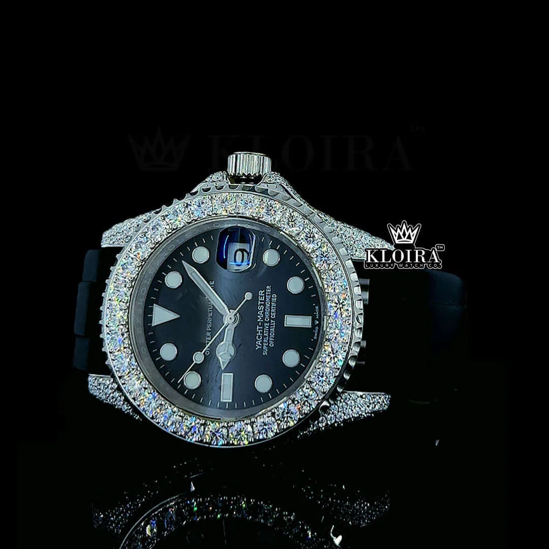 Round Markers Black Dial Rubber Strap Semi Iced Out Moissanite Watch Close Up Dial View