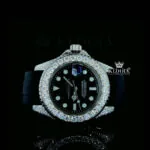 Round Markers Black Dial Rubber Strap Semi Iced Out Moissanite Watch Front View