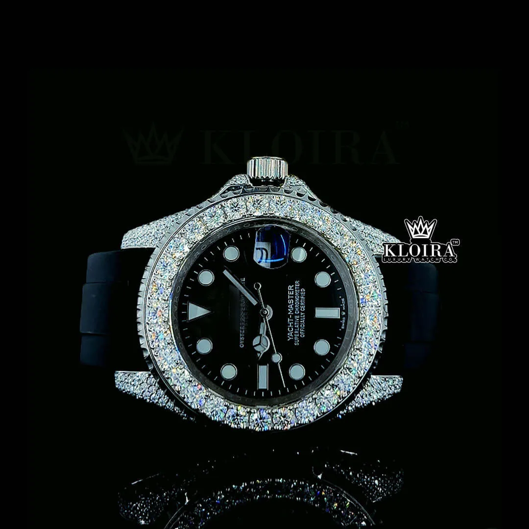 Round Markers Black Dial Rubber Strap Semi Iced Out Moissanite Watch Front View